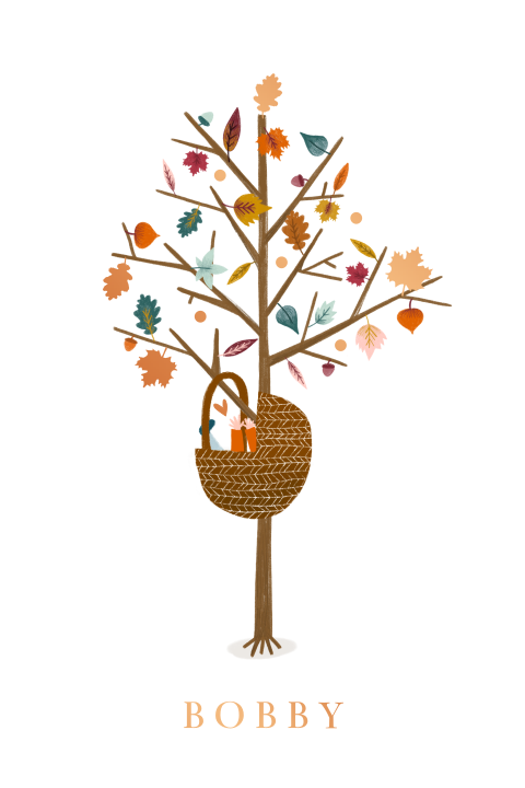 Uniek koperfolie geboortekaartje met herfst bladeren in boom met wieg