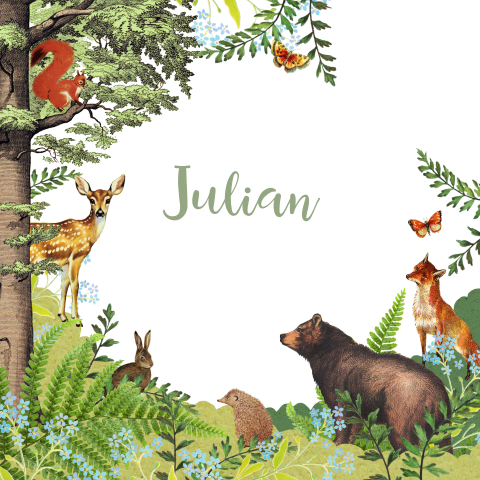 Illustratief geboortekaartje met dieren in het bos
