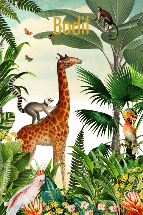 Jungle geboortekaartje met giraffe, vogels en aapjes