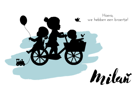Silhouet geboortekaart jongen met zusjes op de fiets