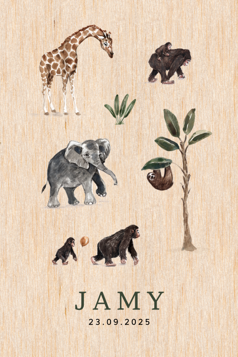 Echt houten geboortekaartje unisex met jungledieren