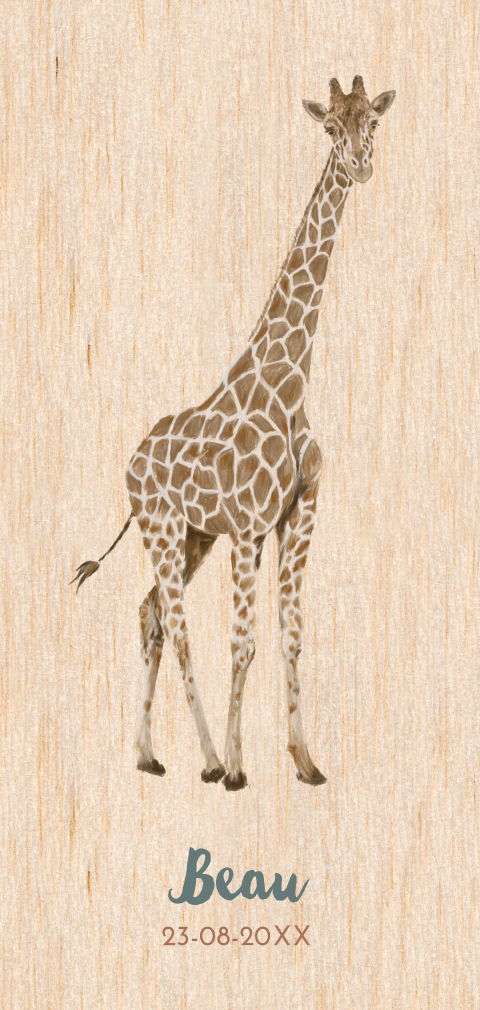 Hip geboortekaartje van echt hout met getekende giraf unieseks