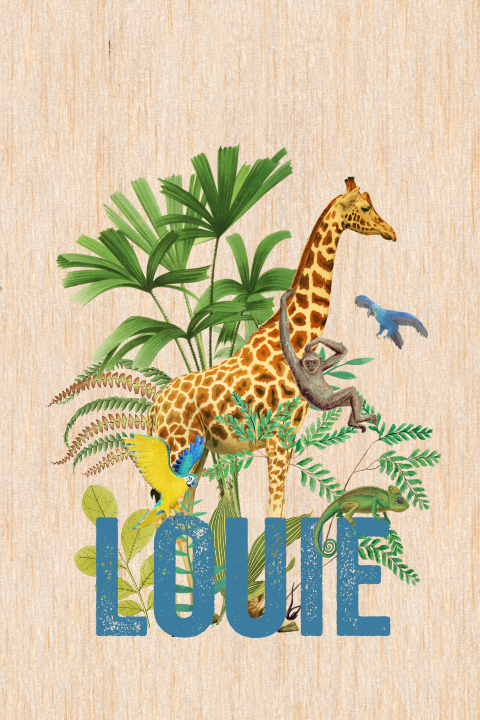 Echt houten geboortekaartje voor een zoon met een giraffe en planten