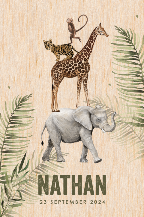 Echt houten geboortekaart met illustraties van jungle diertjes