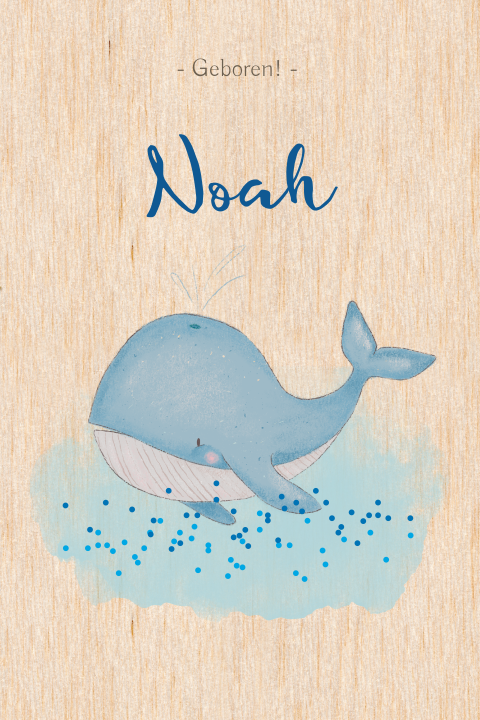 Echt houten geboortekaartje met walvis en watercolour