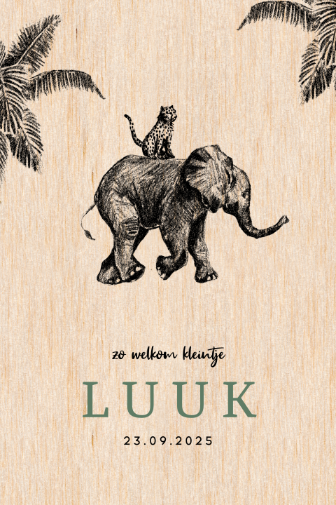 Geboortekaartje op echt hout met tekening olifant en luipaard