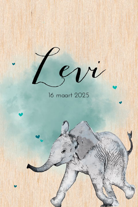 Babykaartje op echt hout met olifantje en blauwe watercolor
