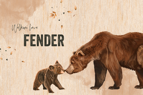 Stoer geboortekaartje op echt hout met beren en blaadjes