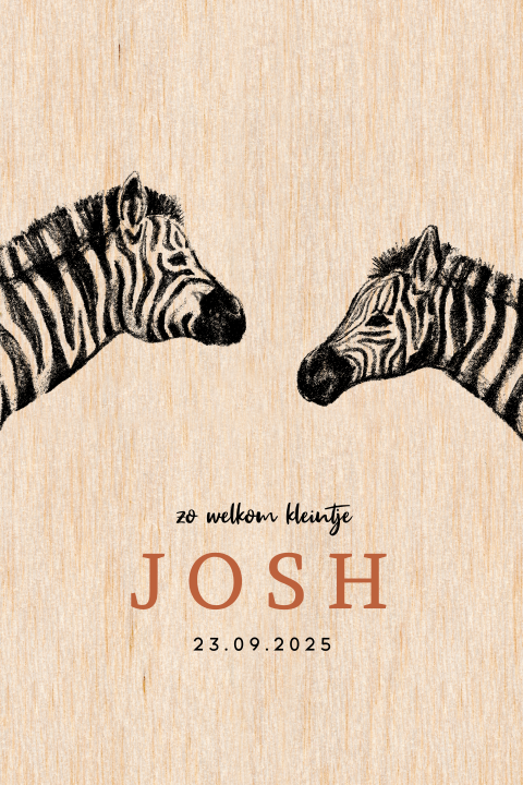 Echt houten geboortekaartje met twee zebra hoofden