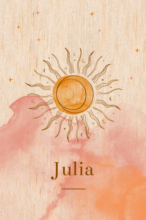 Echt houten geboortekaartje met zonnetje, sterretjes en watercolor