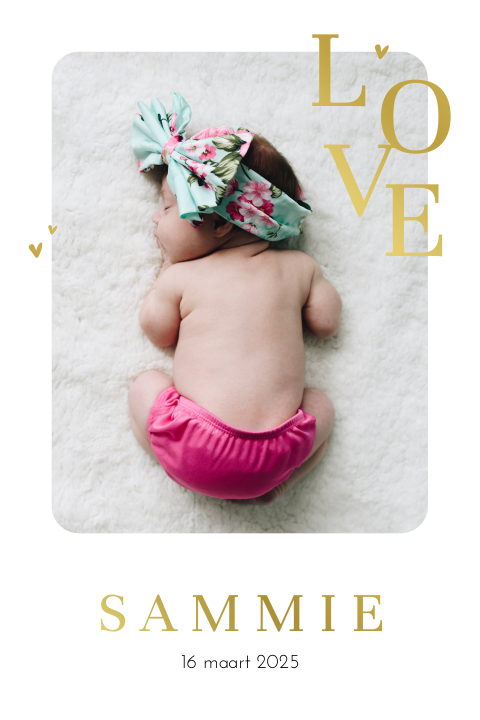 Fotokaart geboortekaartje met hartjes en goudfolie
