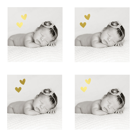 Goudfolie zelf maken fotolabel met foto's baby en hartje