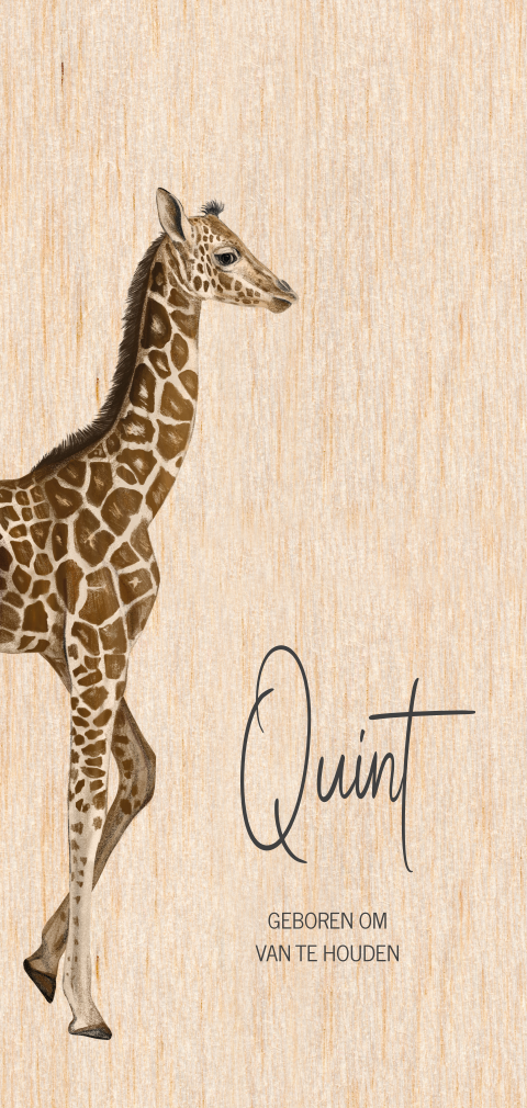 Echt houten geboortekaartje met tekening van giraf