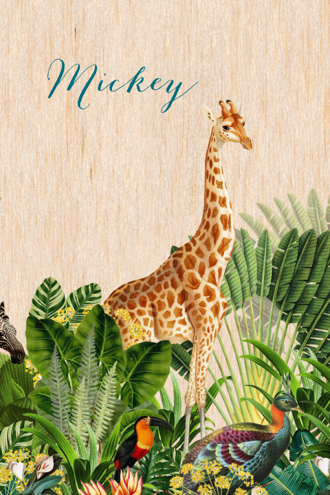 Echt houten uniseks geboortekaartje jungle met giraffe