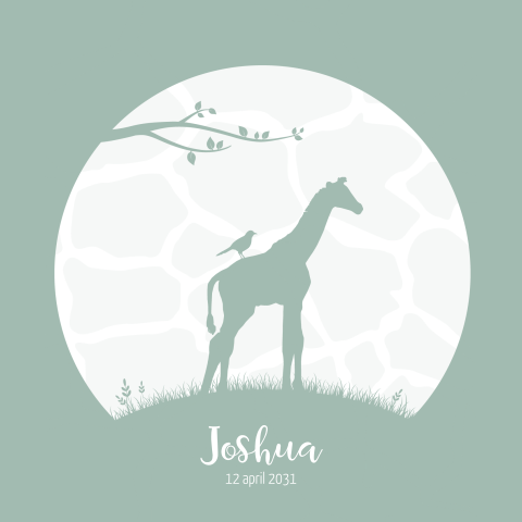 Silhouet geboortekaartje voor een jongen met giraffe in maanlicht