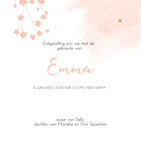 Lief roze geboortekaartje met bloesem tak in koperfolie
