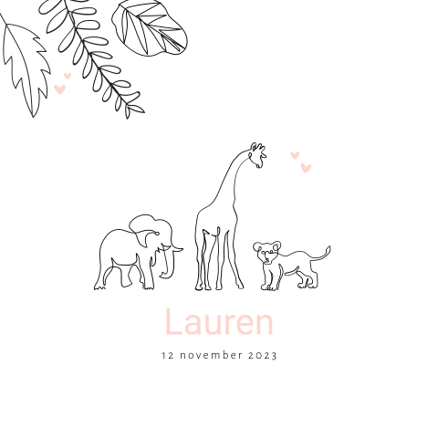 Hip geboortekaartje voor meisje met tekening van jungledieren