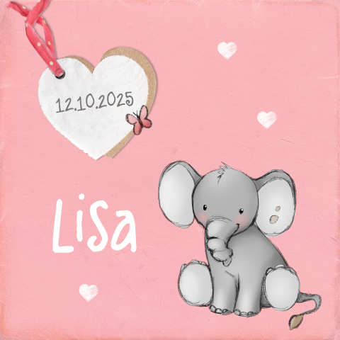Lief geboortekaartje meisje met tekening olifantje en hartjes label