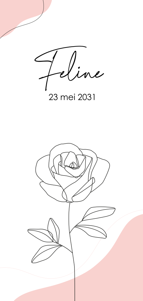 Langwerpig geboortekaartje voor meisje met lijntekening van roos