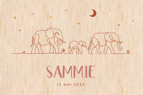 Geboortekaartje op echt hout met gezin olifantjes
