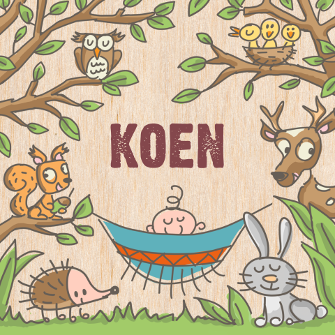 Echt houten geboortekaartje met baby in hangmat met dieren in het bos