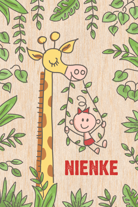 Echt houten geboortekaart met giraffe met baby in jungle