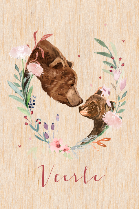 Geboortekaartje op echt hout met beren en bloemen