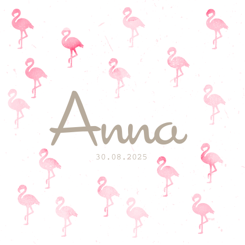 Hip geboortekaartje met roze flamingo stempel