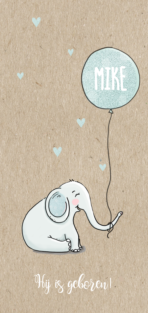 Hip geboortekaartje met olifant en ballon