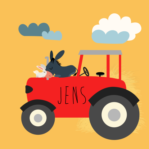 Geel geboortekaartje met ezel, konijn en tractor voor een jongen