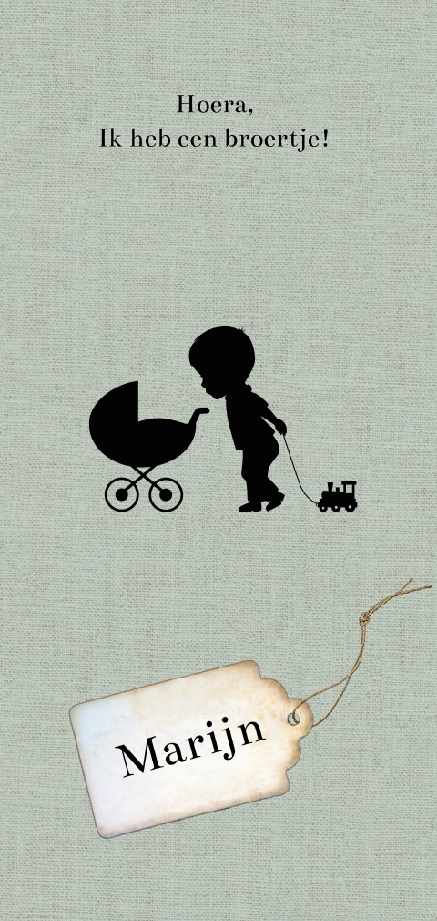 Retro geboortekaartje met silhouet van broertje bij kinderwagen