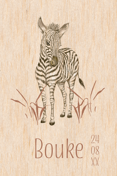 Lief houten geboortekaartje met getekende zebra en ronde hoeken