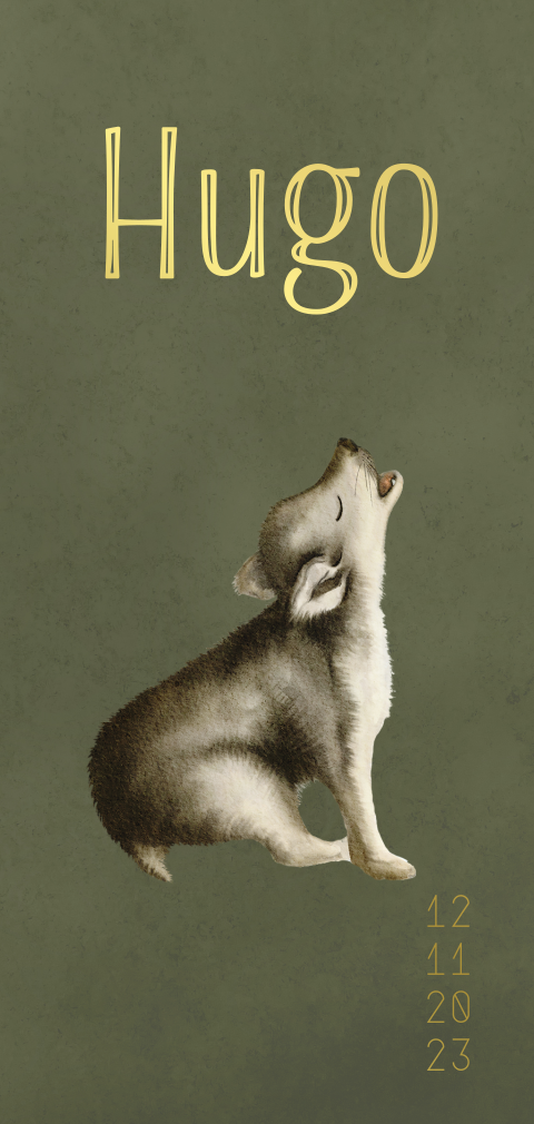 Stoer goudfolie geboortekaartje met watercolour wolf