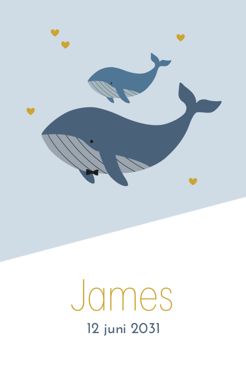 Hip geboortekaartje voor jongen met walvissen en okergele hartjes