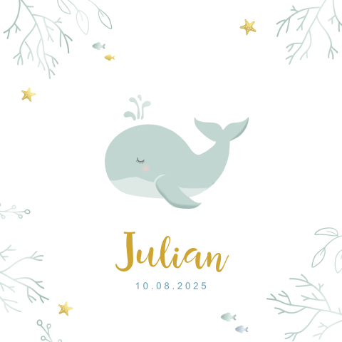 Hip geboortekaartje jongen met illustratie lief walvis met zeesterren