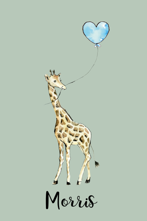 Schattig geboortekaartje voor jongen met girafje met hartjes ballon