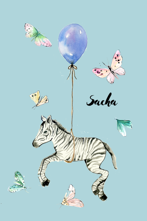 Uniek geboortekaartje voor jongen met waterverf baby zebra met ballon