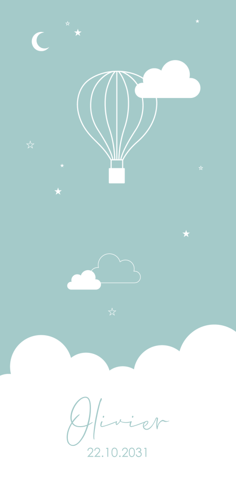 Mooi geboortekaartje met luchtballon en wolkjes voor een jongen