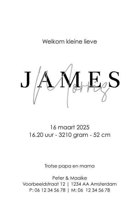 Rondhoek minimalistisch babykaartje in zwart wit met typografie