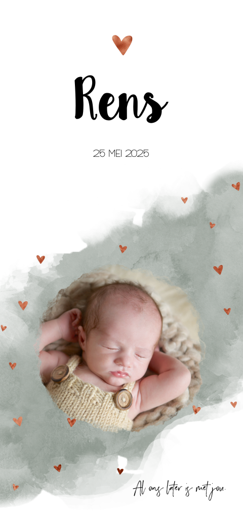 Lief geboortekaartje voor jongetje met verf koperlook hartjes en foto