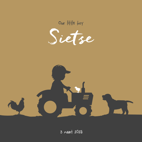 Stoer geboortekaartje met silhouet van jongen op traktor, kip en hond