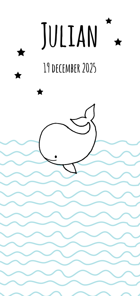 Langwerpig geboortekaartje met getekend walvisje in blauwe zee