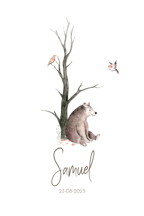 Winters geboortekaartje voor jongen met illustratie beer bij boom