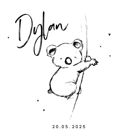 Hip getekend geboortekaartje voor jongen met koala in zwart wit