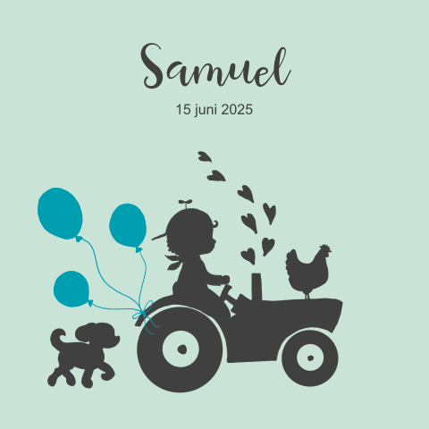 Geboortekaartje voor jongen met silhouet van tractor en dieren