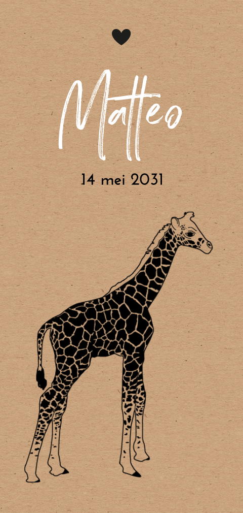 Stoere geboortekaart voor een jongen met zwarte giraf op kraftlook