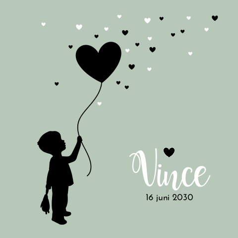 Lieve silhouet geboortekaartje jongen met groen hartjes ballon