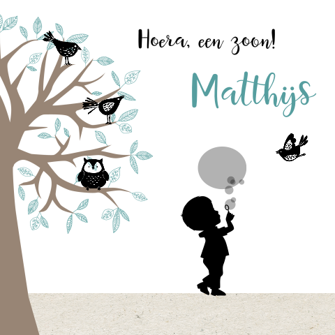 Lief geboortekaartje met silhouet jongen bij boom met bellenblaas