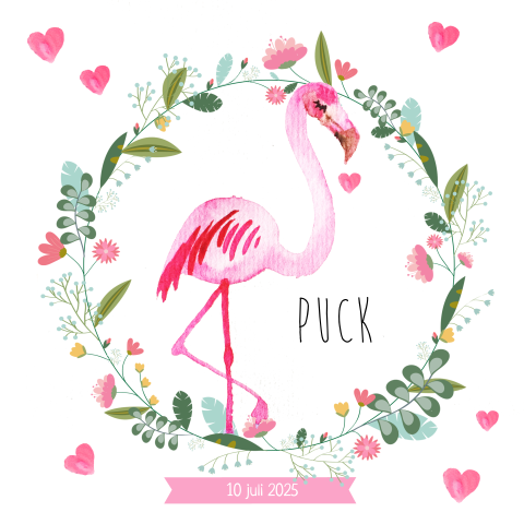 Hip geboortekaartje meisje met aquarel flamingo en bloemen krans