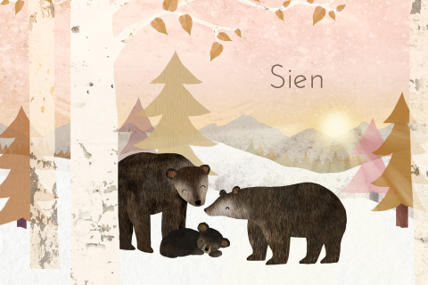 Origineel geboortekaartje meisje met beren in de sneeuw